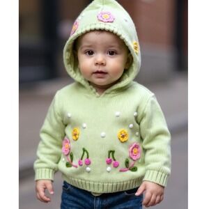 Purple Mountain Knit Hoodie Baby Girl 3-6M Green Excellent Crochet Floral Easter